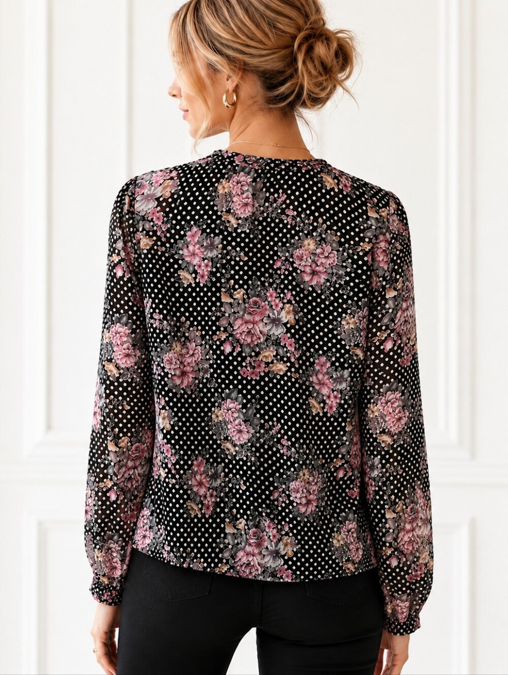 Bellatrix | Romantic Floral Semi-Sheer Wrap Blouse Black Pink | Size Medium - Picture 2 of 11